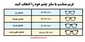 جدول اندازه فریم عینک آفتابی متناسب با اندازه صورت